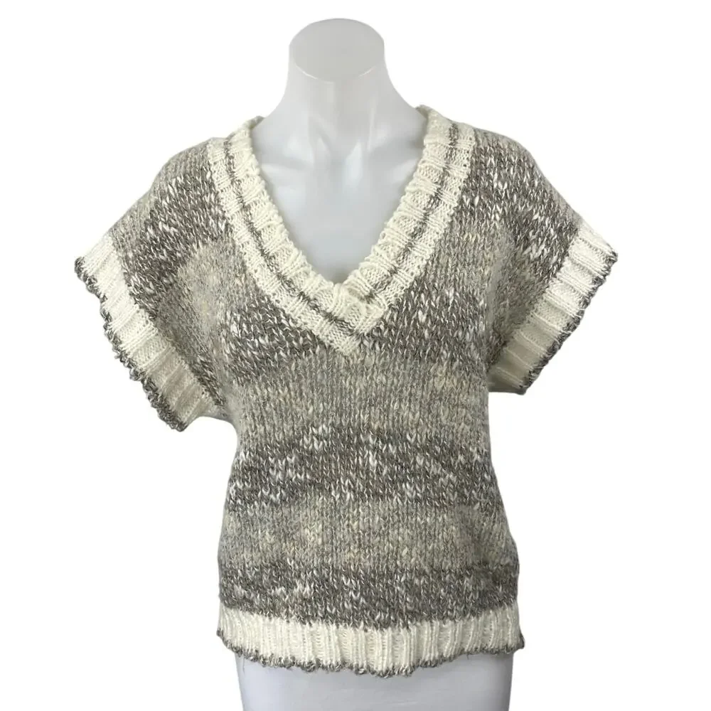CG Career Guild Womens Gray Tan Wool Knit Short Sleeve V-Neck Sweater Vest Top L